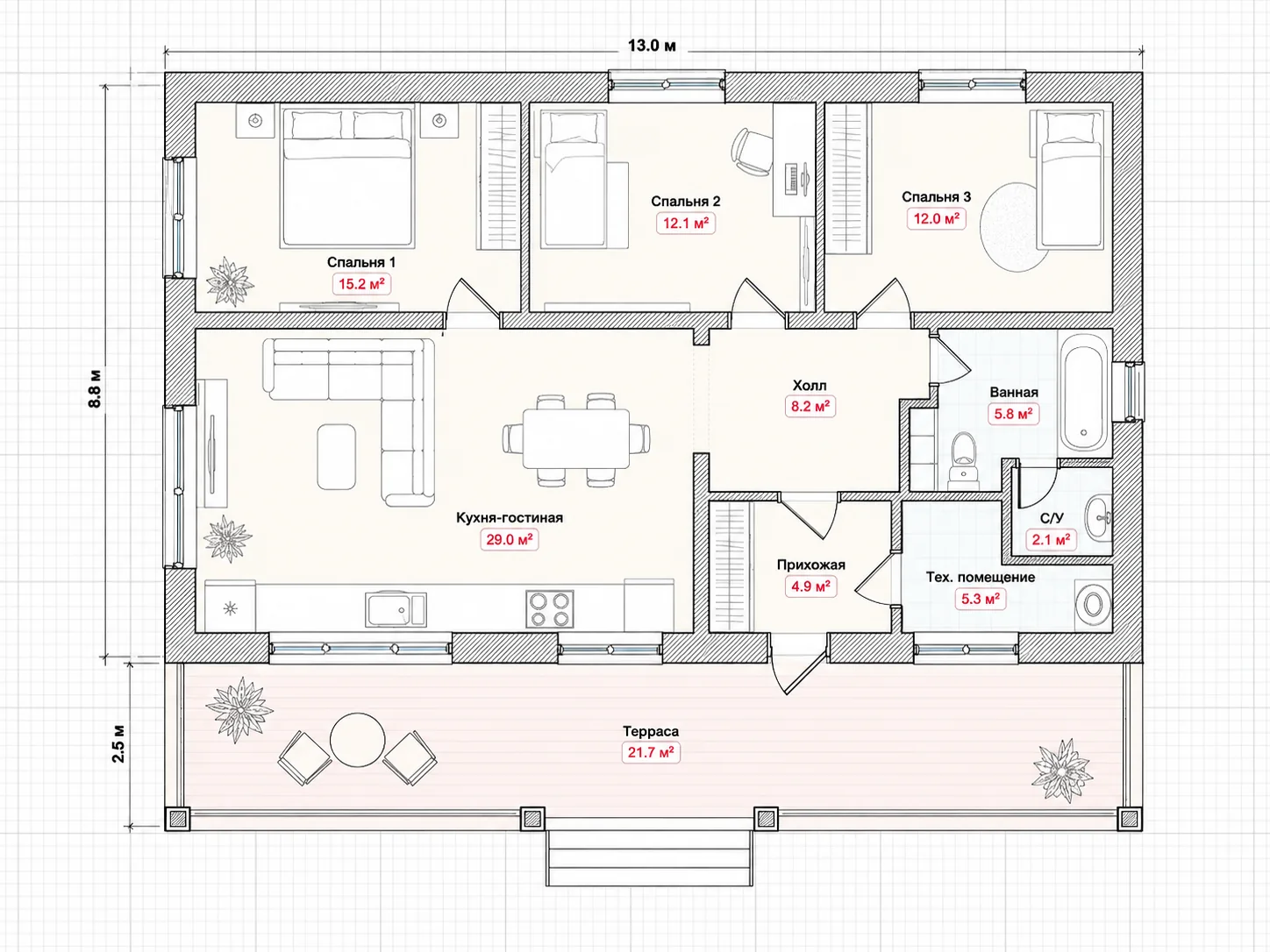 3 спальни · 114.4 м² (H08)
